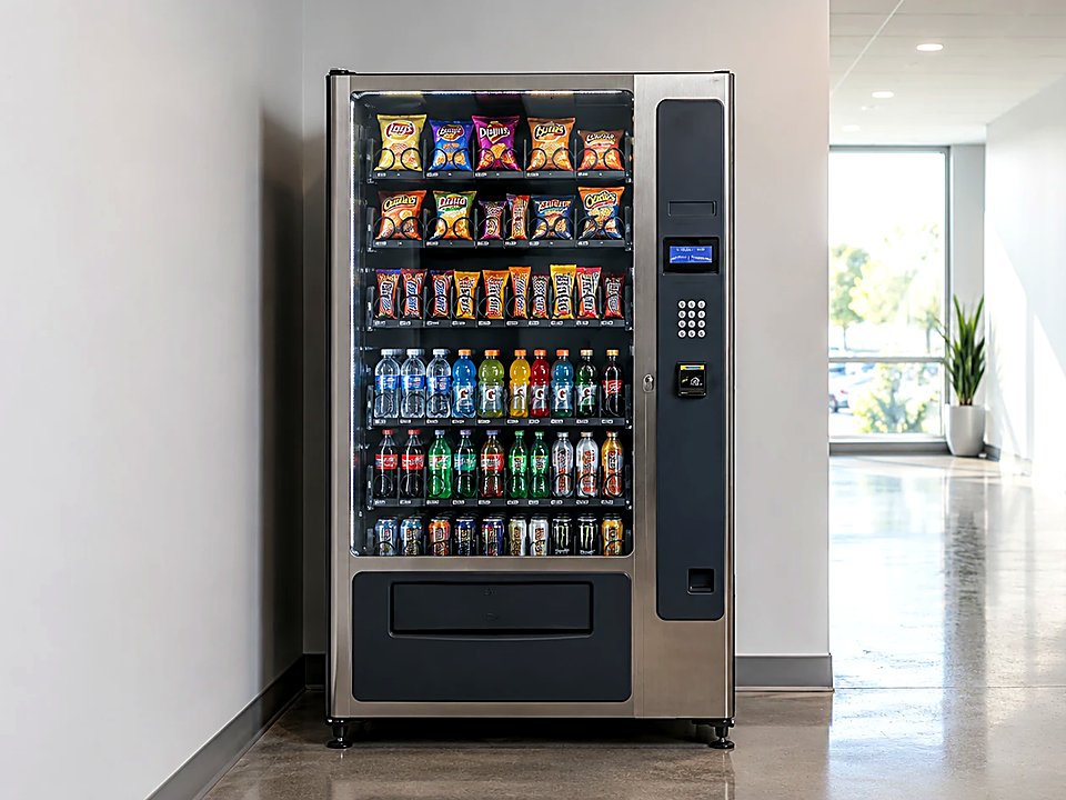 Combo vending machine with snacks and drinks