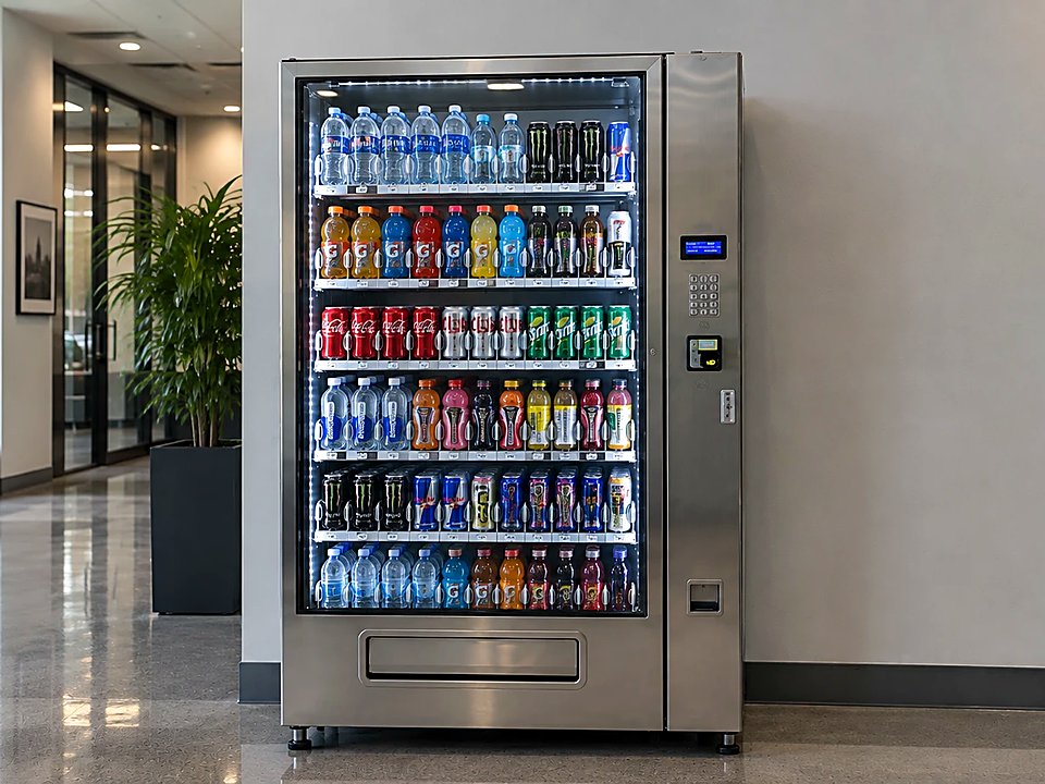 Refrigerated drink vending machine stocked with bottled beverages
