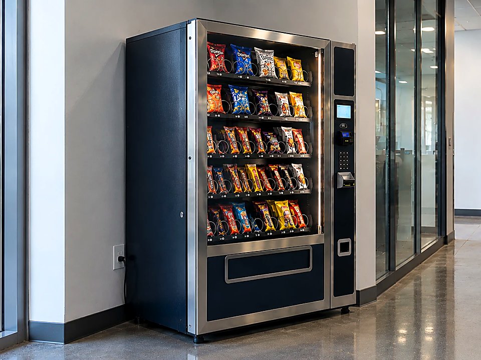 Glass-front snack vending machine stocked with chips and packaged sweets
