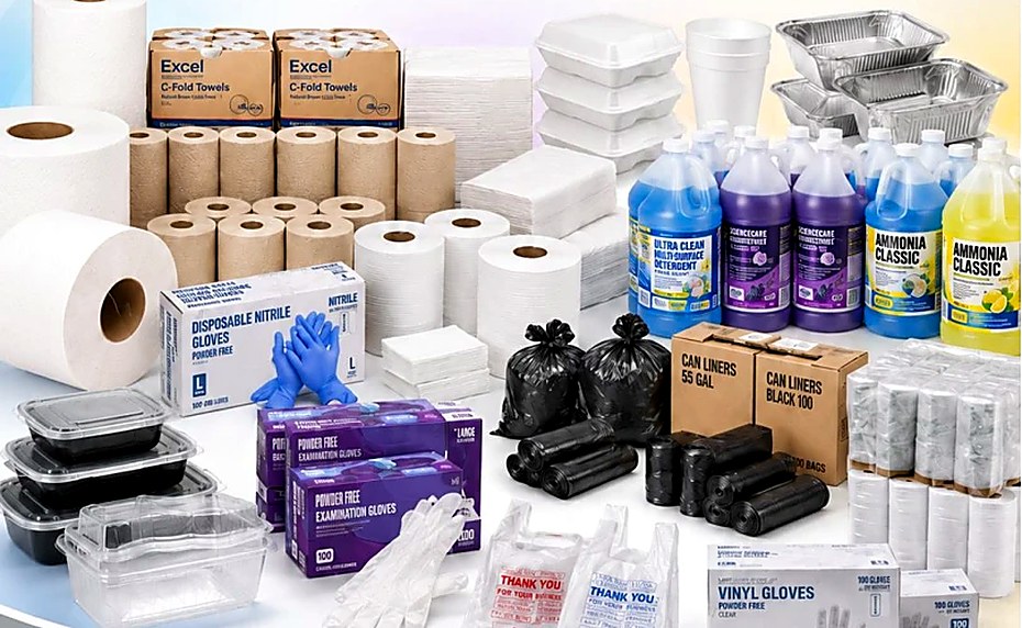 Wholesale business supplies: paper towels, cleaners, gloves, and bags
